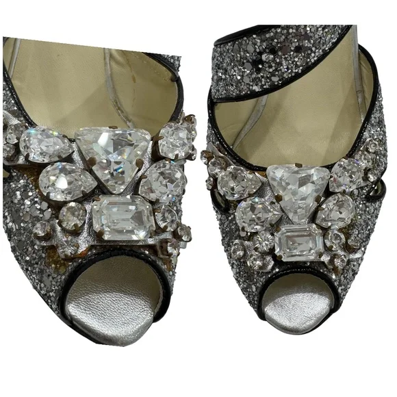 MIU MIU 2006 RUNWAY SILVER GLITTER STILETTO SANDALS w/CRYSTAL EMBELLISHMENTS